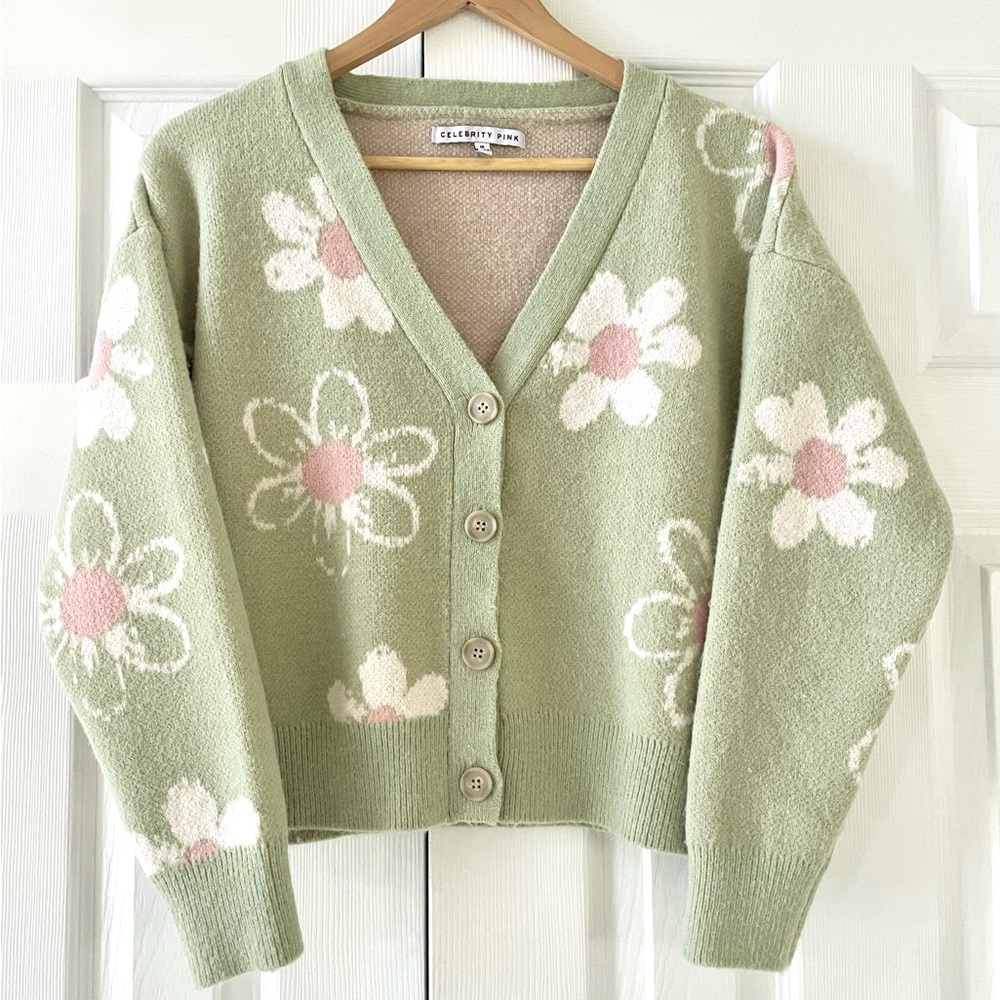 Celebrity Pink Sage Green Floral Button Front Cardigan with Pink Accents